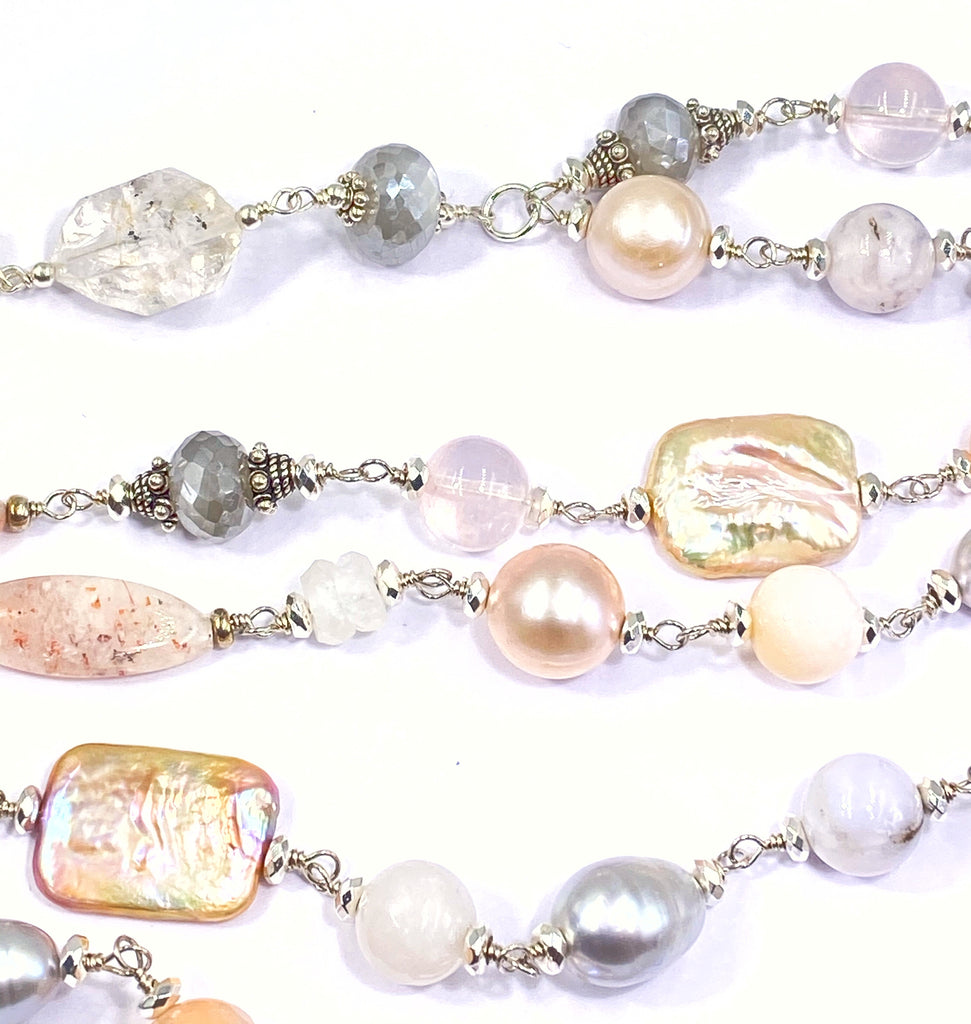 Long Silver Gemstone Pearl Necklace Blush Pink & Grey Toggle Clasp