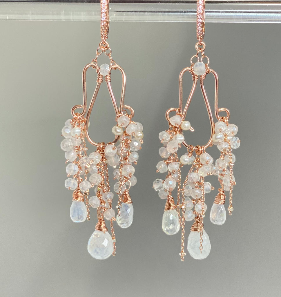 Rainbow Moonstone Statement Rose Gold Chandelier Earrings Boho Bridal Wedding