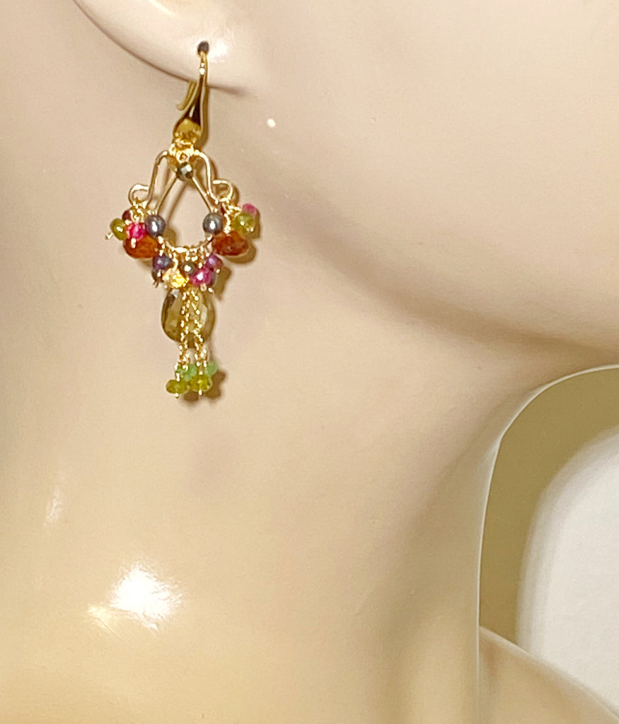Garnet and Olive Green Gemstone Chandelier Earrings Gold