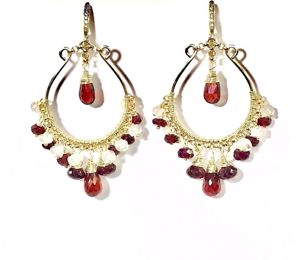 Red Garnet Gold Hoop Earrings Rainbow Moonstone