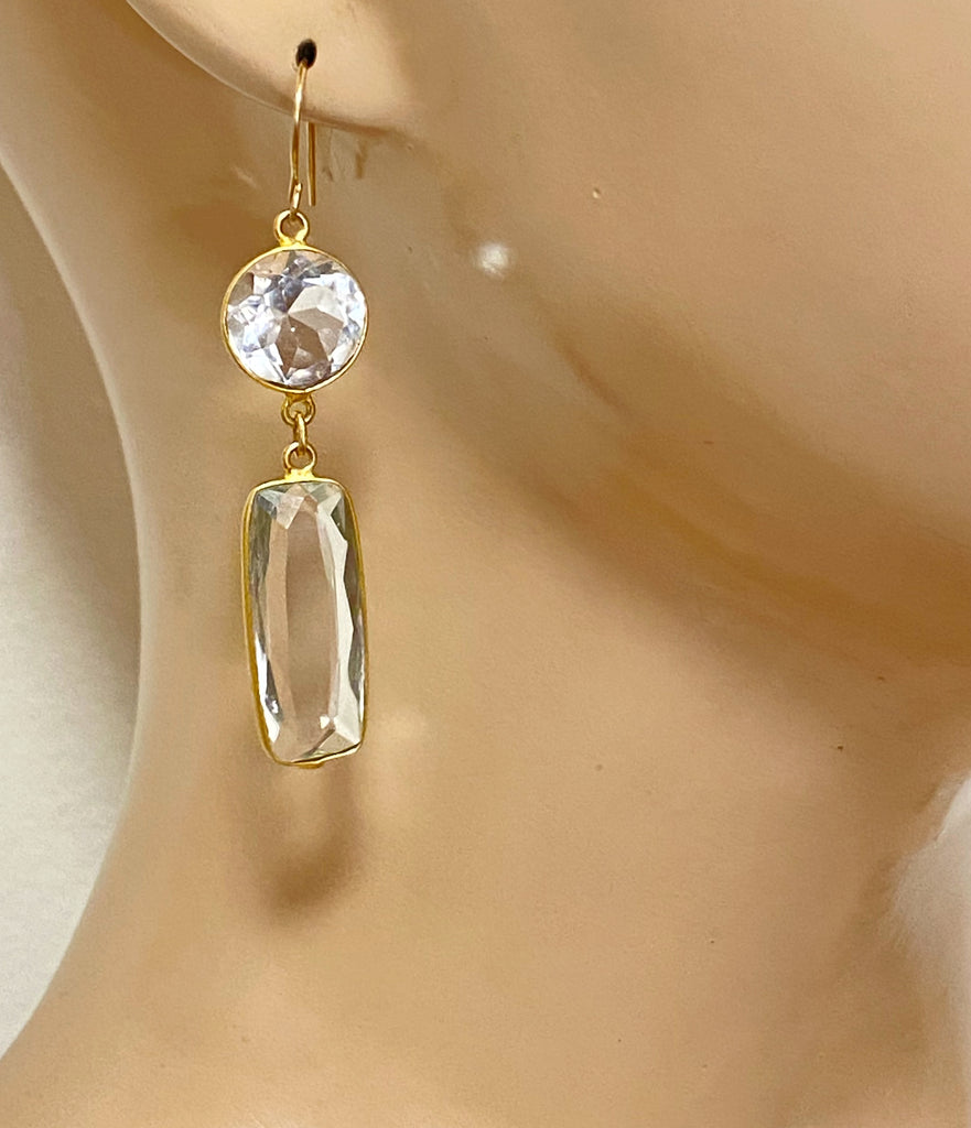 Long Sparkly Crystal Quartz Earrings Gold