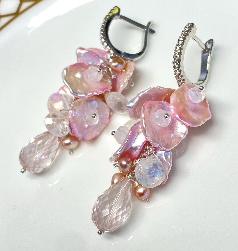 Pink Rose Quartz, Moonstone, Keishi Pearl Cluster Earrings, Silver