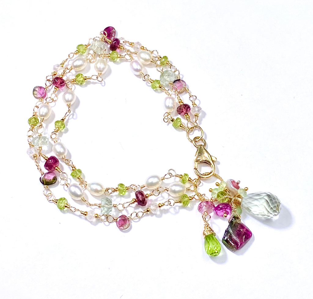 Peridot, Watermelon Tourmaline Slice and Pearl Dainty Triple Strand Bracelet - doolittlejewelry