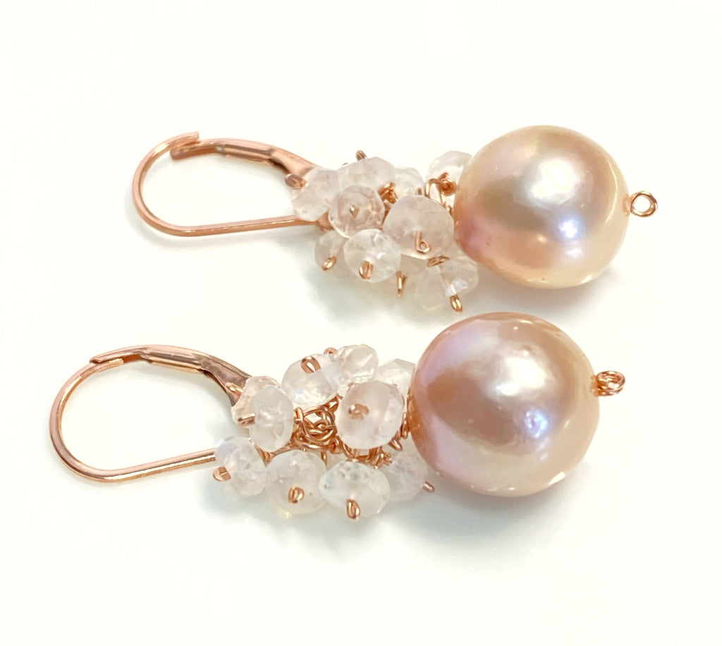 Pink Blush Pearl and Moonstone Cluster Earrings Rose Gold