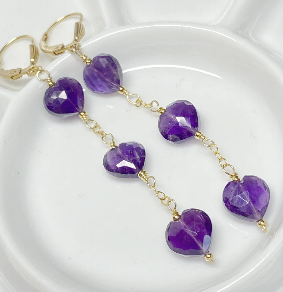 Amethyst Heart Dangle Earrings Gold Fill Handmade