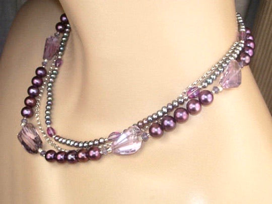 Amethyst and Pearl Multi-Strand Triple Strand Necklace - doolittlejewelry