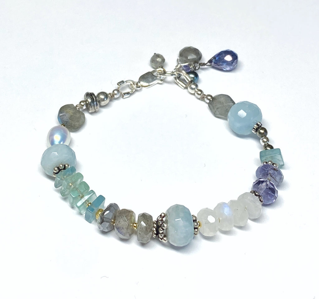Blue Gray Gemstone Silk Knotted Bracelet Sterling Silver 2