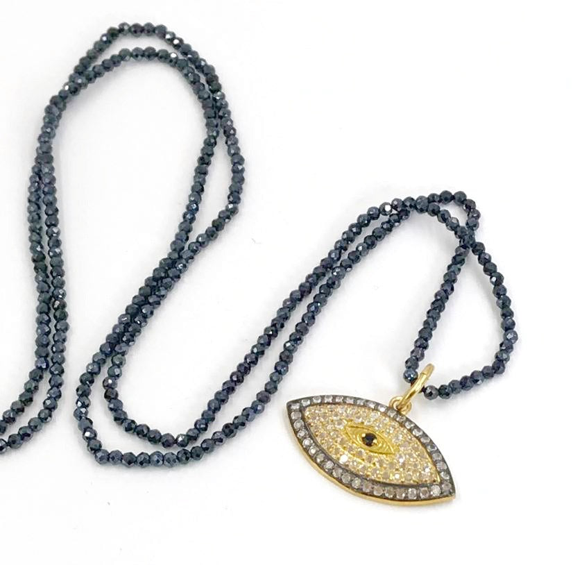 Evil Eye and Pave Diamond Look Long Black Spinel Necklace - doolittlejewelry