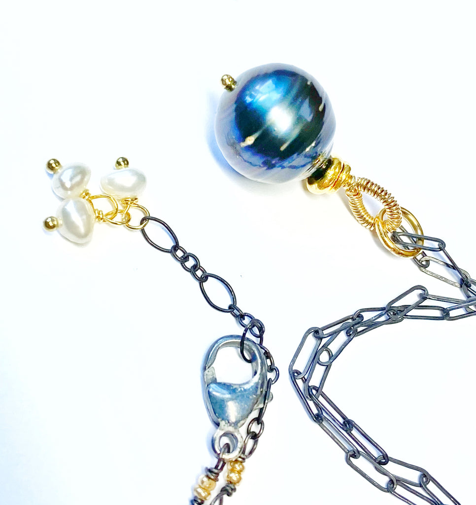Tahitian Pearl Pendant, Paper Clip Chain, Mixed Metals, Pearl Dangles