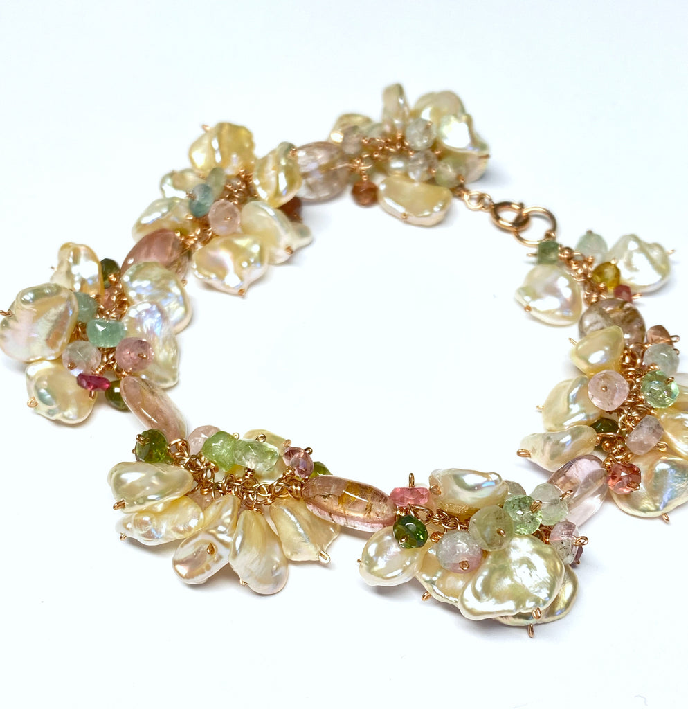 Blush Keishi Pearl Cluster Bracelet with Tourmaline and Rose Gold
