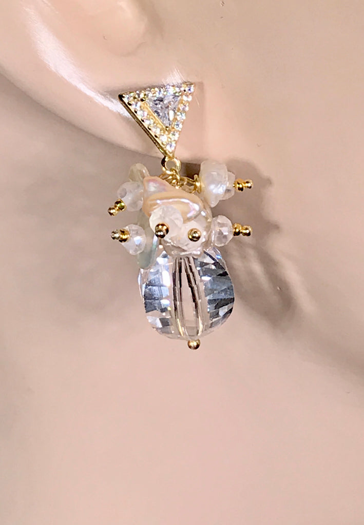 Clear Crystal Quartz Earrings Keishi Pearl Cluster Gold Post - doolittlejewelry