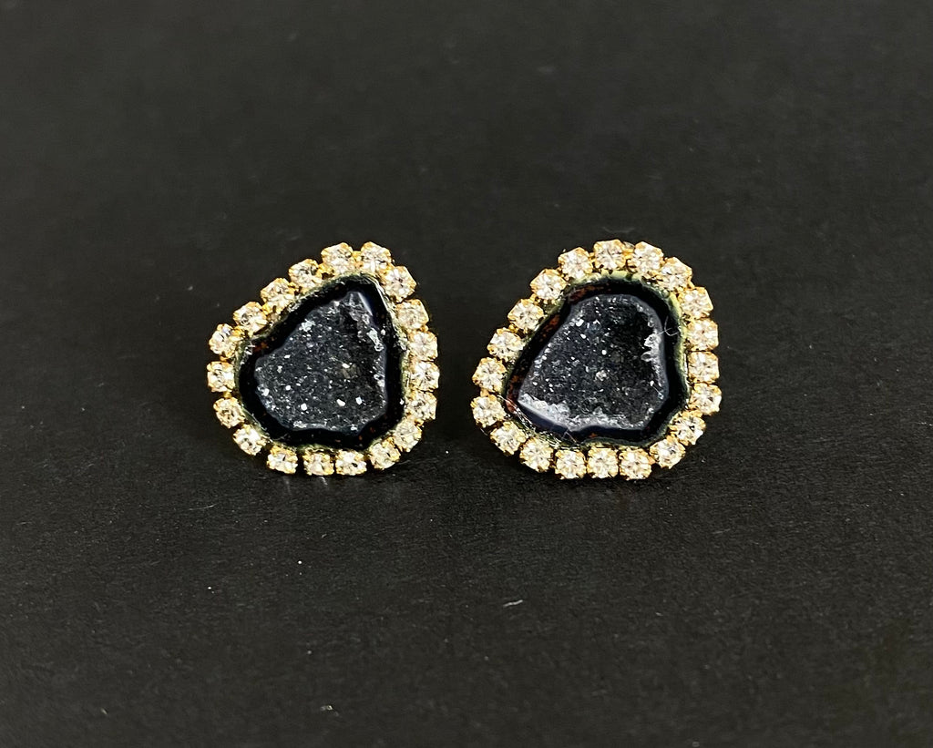 Black Geode Druzy Stud Earrings Diamond Look