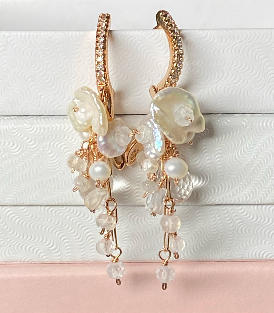 Rose Gold Crystal Quartz Bridal Dangle Earrings with Keishi Pearls