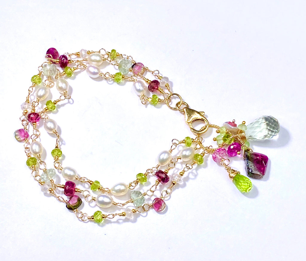 Peridot, Watermelon Tourmaline Slice and Pearl Dainty Triple Strand Bracelet - doolittlejewelry