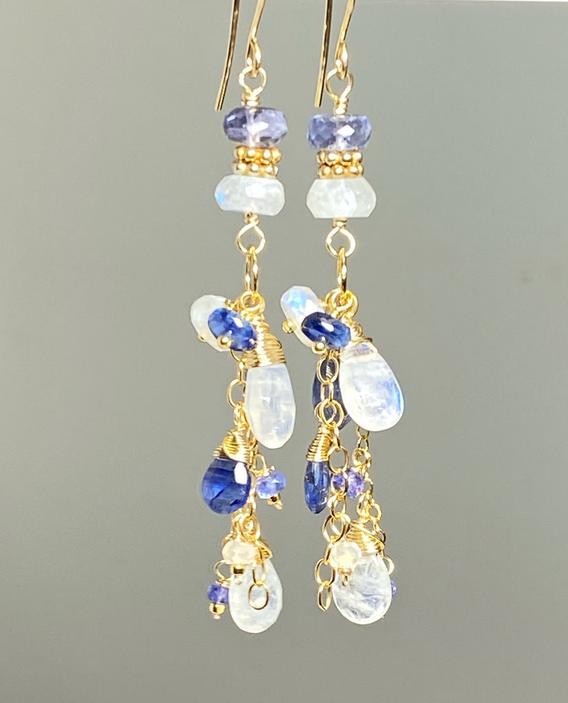 Rainbow Moonstone Tanzanite Kyanite Blue & White Boho Dangle Earrings