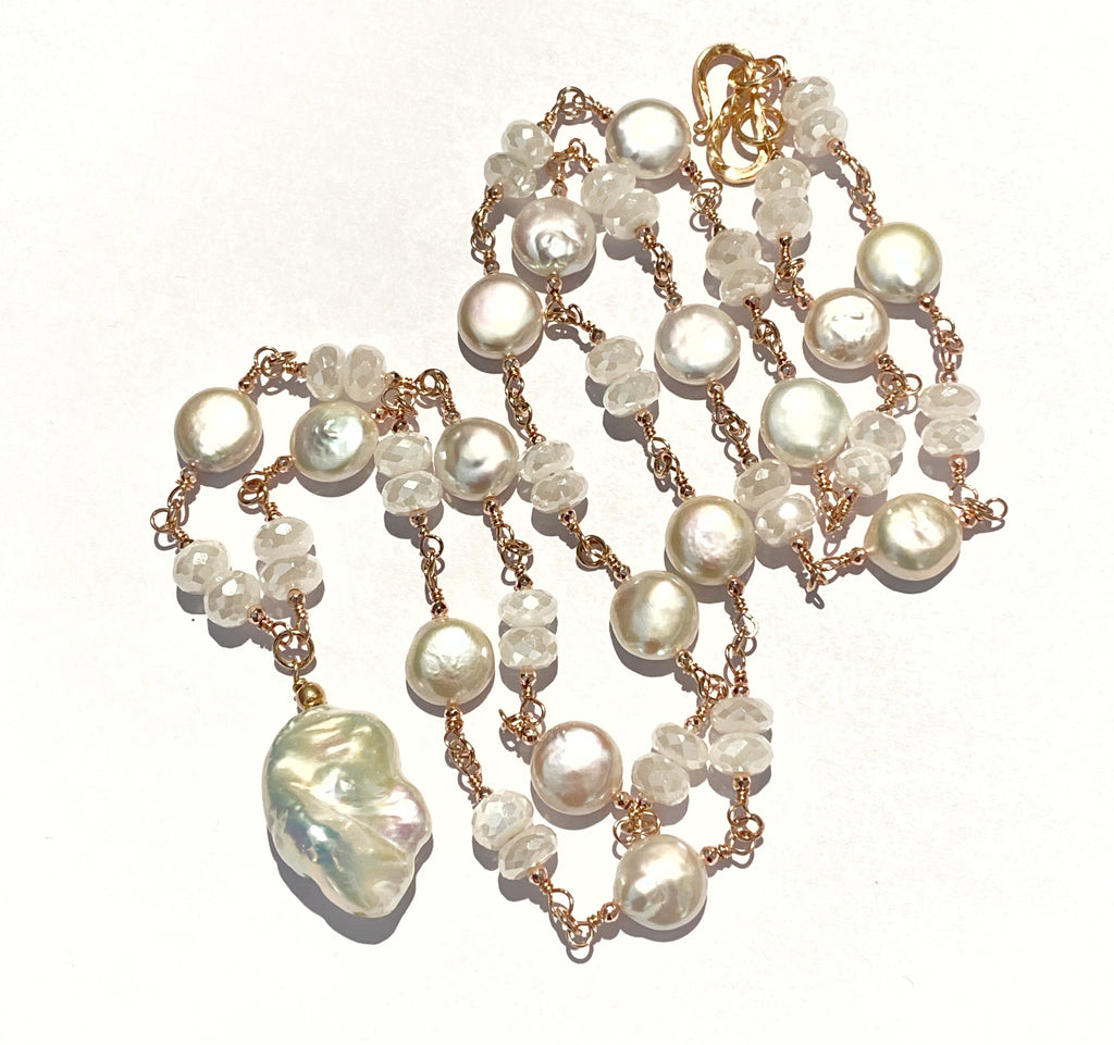 Rose Gold Ivory Baroque Pearl Mystic Moonstone Long Sautoir Rosary Necklace