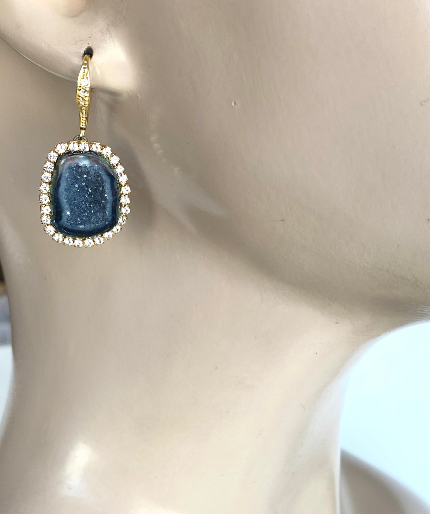Black Tabasco Geode Druzy Earrings Diamond Style Dangle Earrings