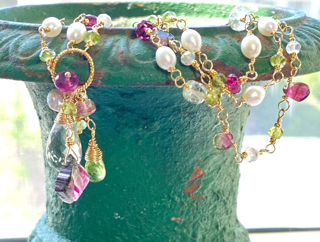Peridot, Watermelon Tourmaline Slice and Pearl Dainty Triple Strand Bracelet Gold Fill