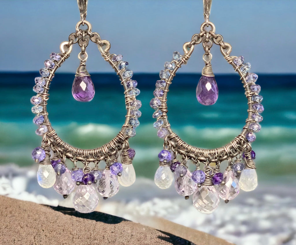 Amethyst Moonstone Oxidized Sterling Silver Hoop Earrings - Doolittle
