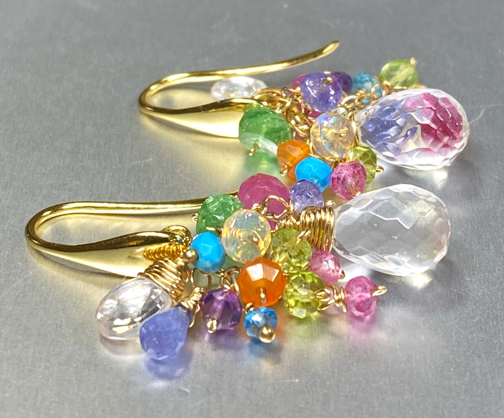 Crystal Quartz Dangle Earrings with Multi Gemstone Cluster 5