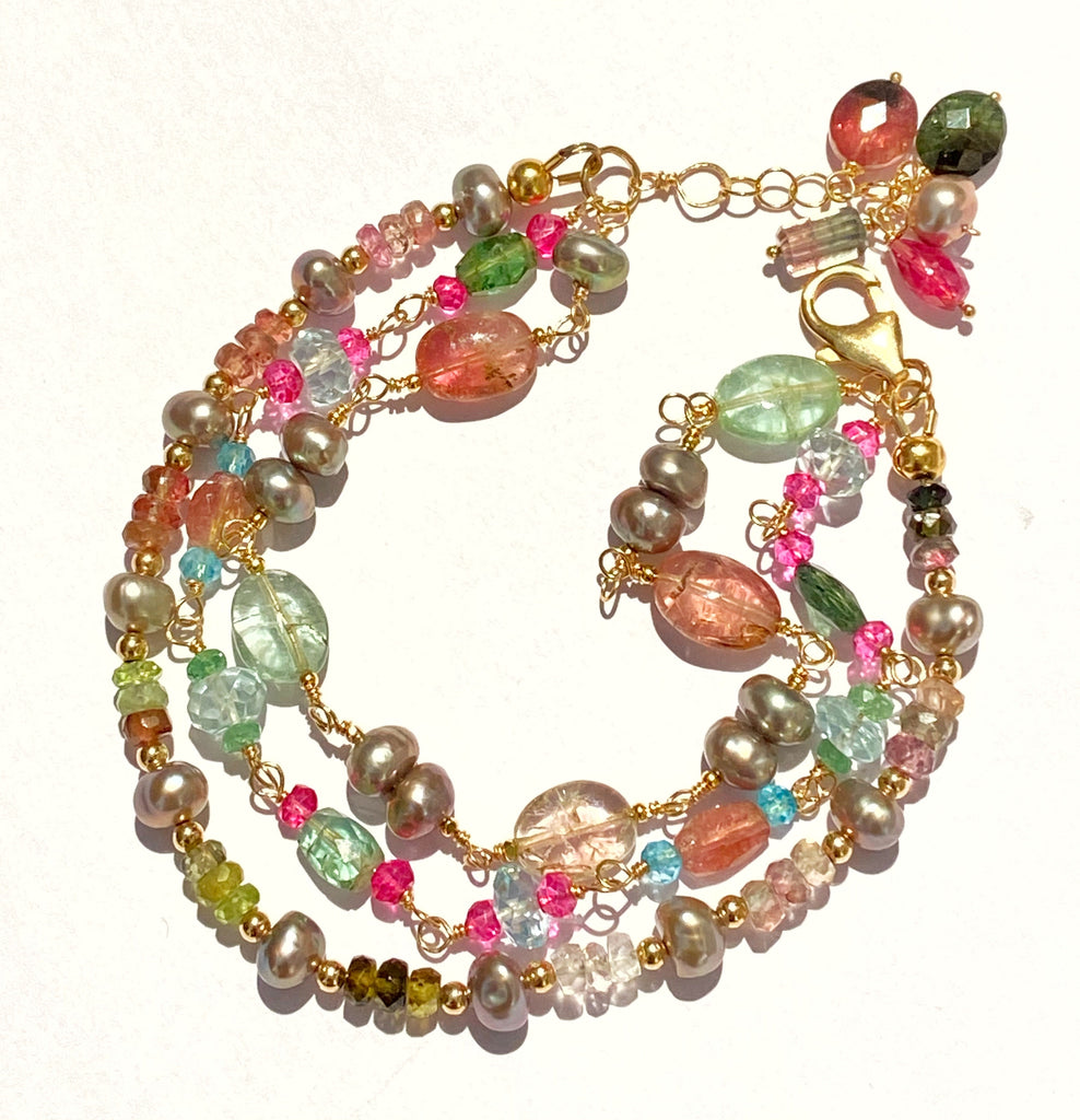 Watermelon Tourmaline Aquamarine Pearl Bracelet Gold