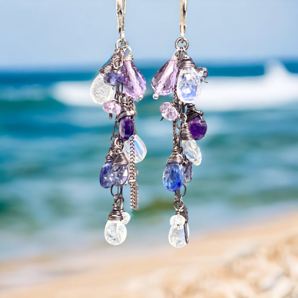 Boho dangle earrings with rainbow moonstones, kyanite, purple amethyst, pink amethyst and iolite on oxidized sterling silver