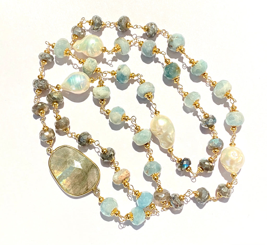 Aquamarine, Labradorite, Pearl Long Wire Wrapped Necklace