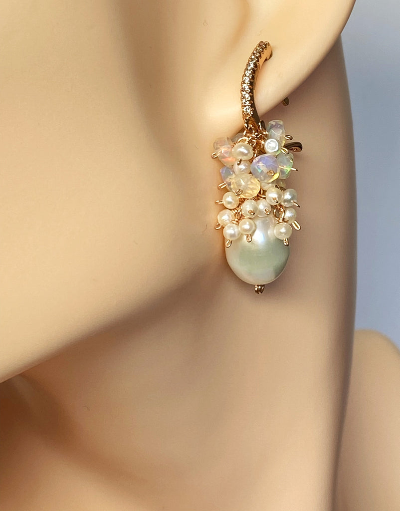 Pearl and Opal Cluster Earrings Rose Gold Fill