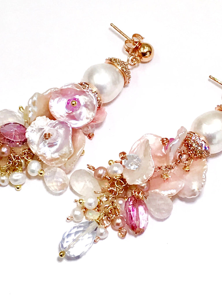 Blush Keishi Pearl Pink Topaz Ivory Pearl Rose Gold Long Dangle Bridal Earrings