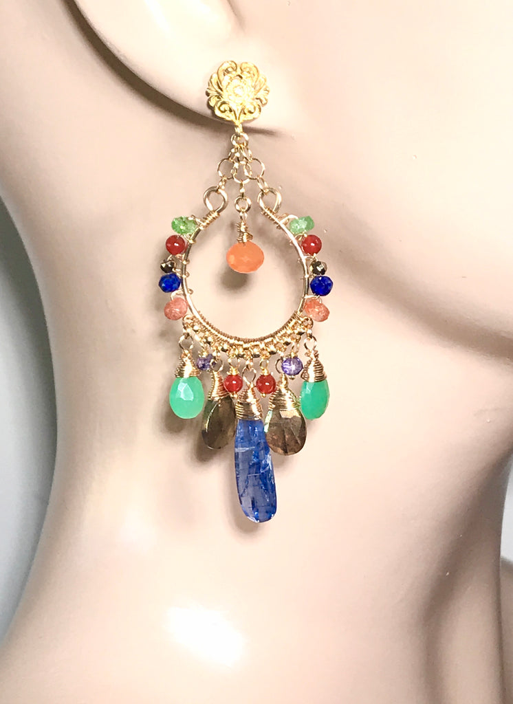 Colorful Chandelier Earrings Gold Fill Kyanite Carnelian Chrysoprase Lapis - doolittlejewelry