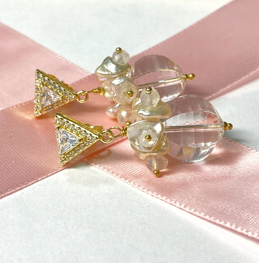 Clear Crystal Quartz Earrings Keishi Pearl Cluster Gold Post