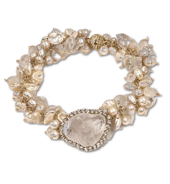Ivory Blush Tabasco Geode Cluster Bracelet with Herkimer Diamond Quartz - doolittlejewelry
