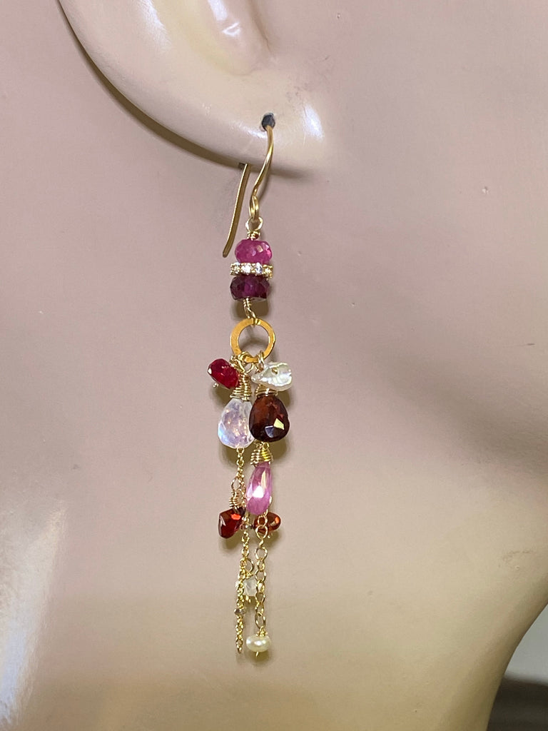 Red Pink Gemstone Long Boho Chain Dangle Earrings Garnet Pink Sapphire - doolittlejewelry