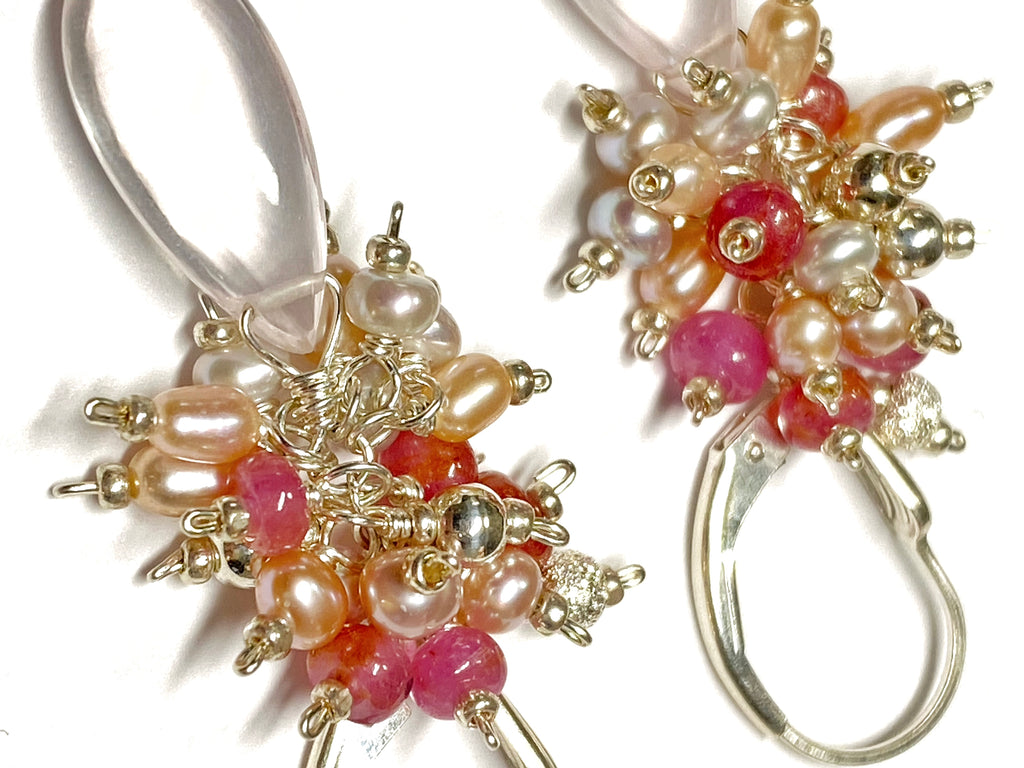 Pink Rose Quartz Gemstone and Cluster Earrings