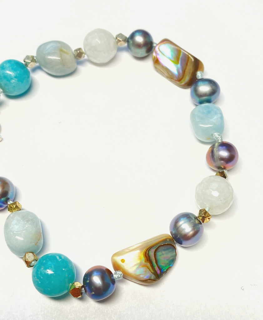 Abalone Silk Knotted Bracelet, Moonstone, Aquamarine, Pearl
