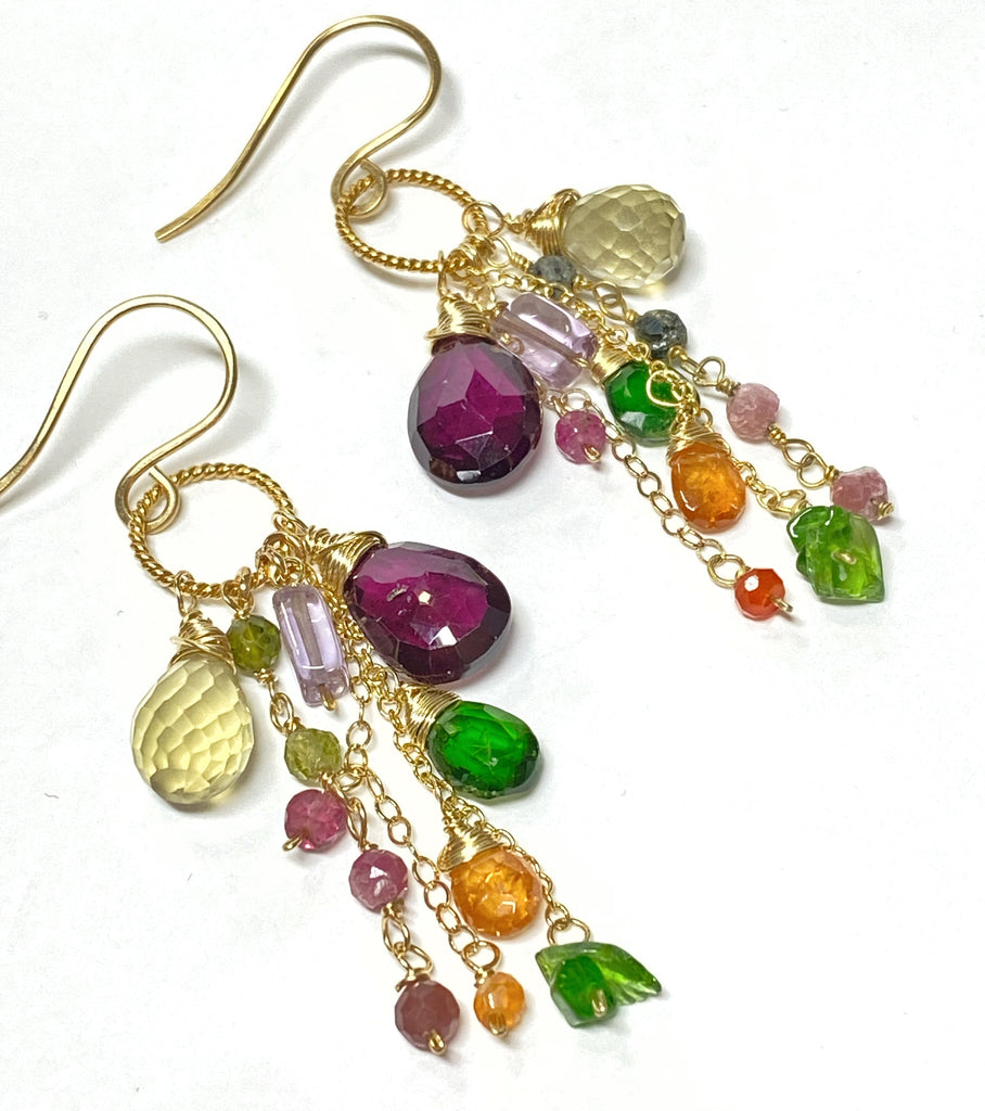 Multicolor Gemstone Gold Dangle Earrings Rhodolite Garnet, Lemon Quartz