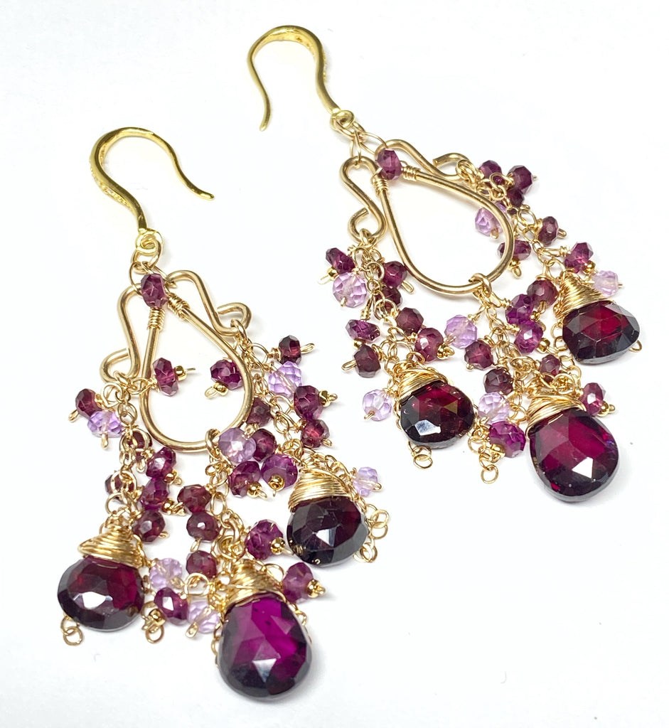 Rhodolite Garnet Boho Chandelier Earrings Gold Fill