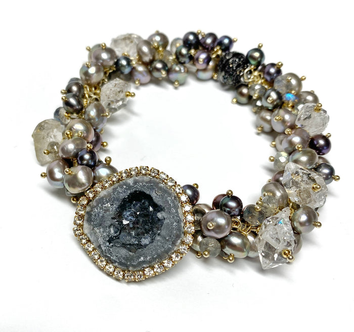 Black Tabasco Geode Cluster Bracelet with Herkimer Diamond Quartz