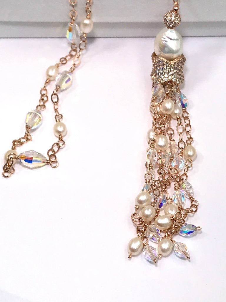 Rose Gold, Pearl and Swarovski Crystal Tassel Necklace - doolittlejewelry