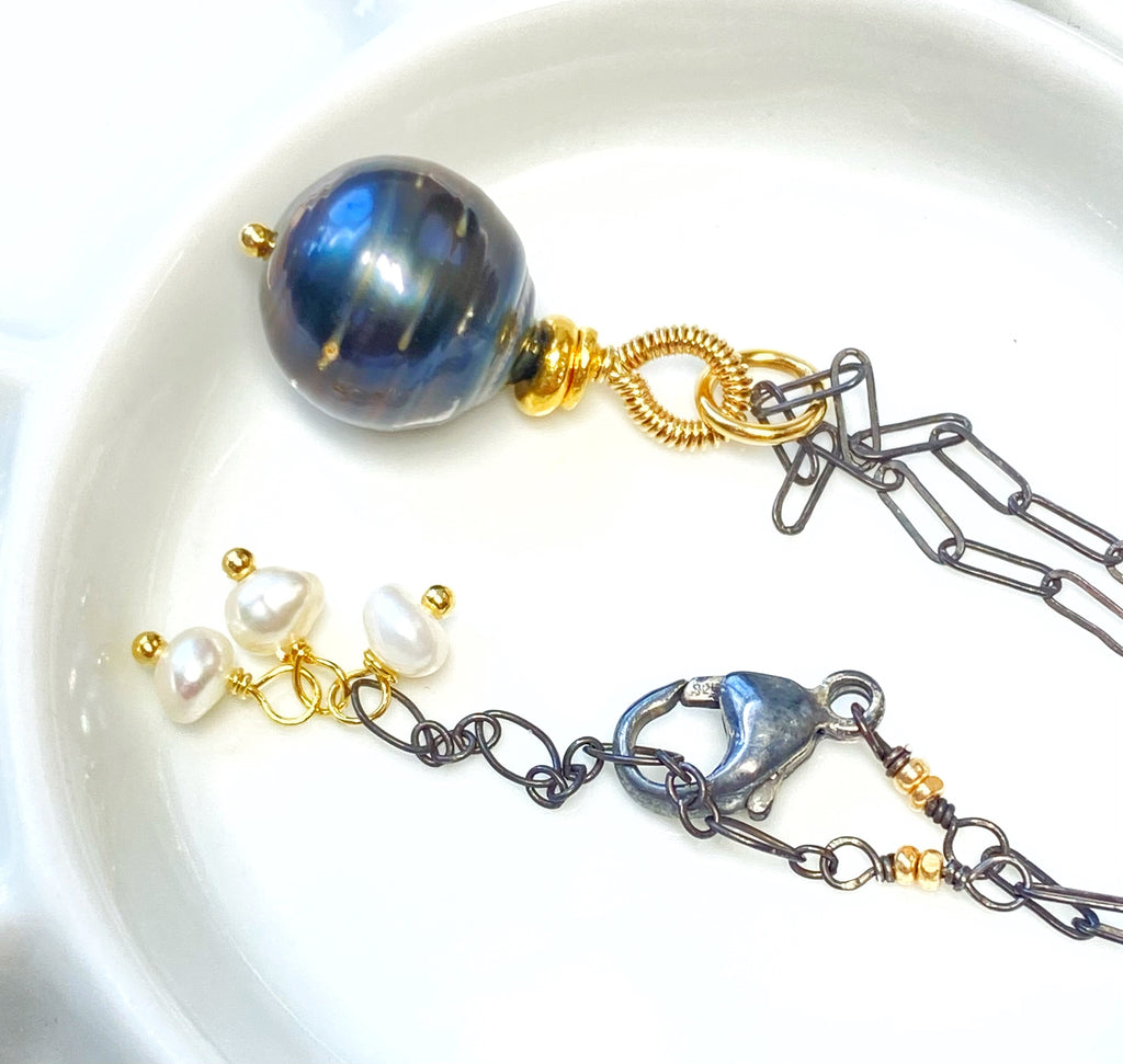 Tahitian Pearl Pendant, Paper Clip Chain, Mixed Metals, Pearl Dangles