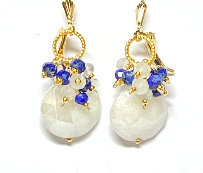 Blue and White Mystic Moonstone Cluster Earrings Gold