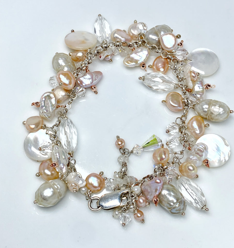 Blush Pearl Boho Dangle Bracelet Mixed Metal