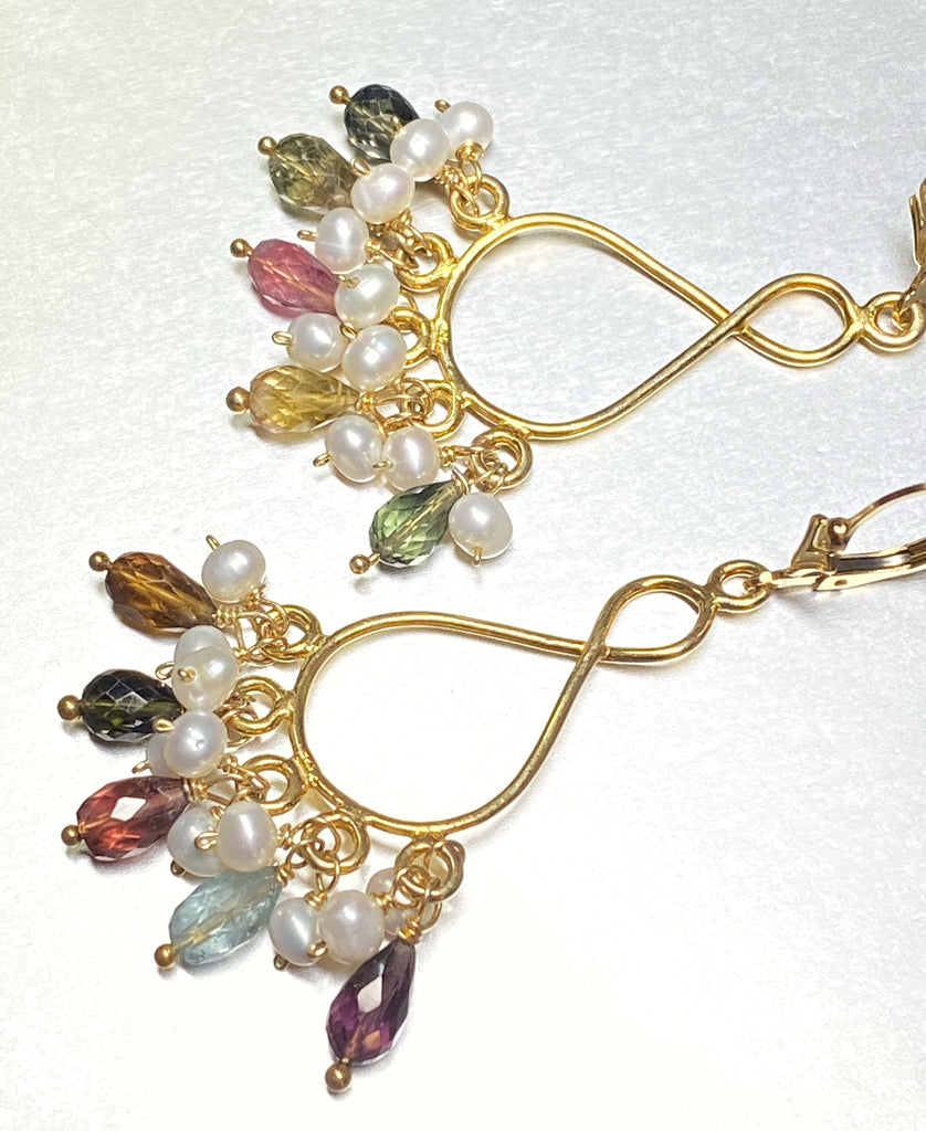 Tourmaline and Pearl Gold Chandelier Earrings