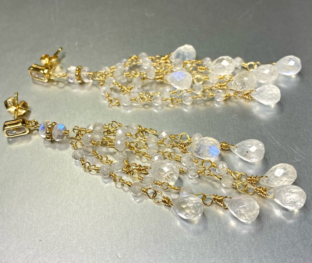 Rainbow Moonstone Tassel Earrings Gold