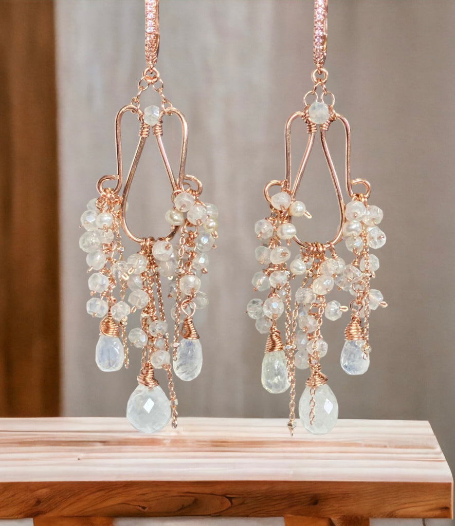 Rainbow Moonstone Statement Rose Gold Chandelier Earrings Boho Bridal Wedding