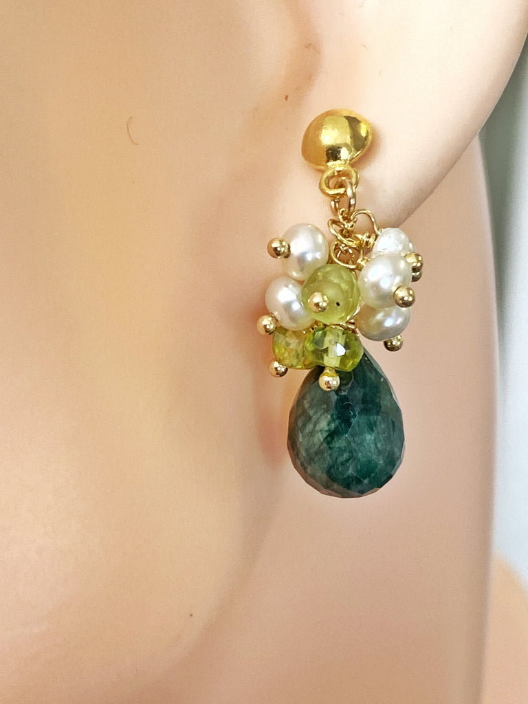 Emerald and Peridot Pearl Cluster Earrings Gold