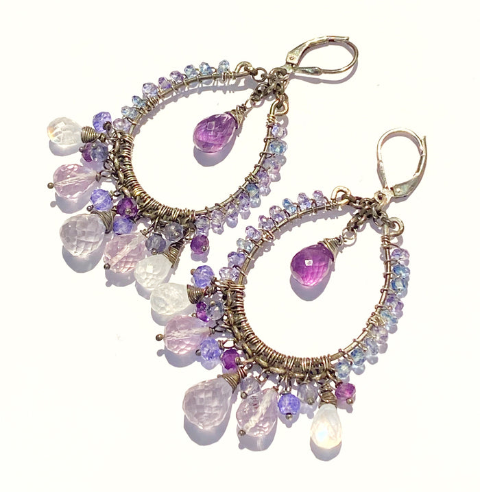 Amethyst Moonstone Oxidized Sterling Silver Hoop Earrings - doolittlejewelry