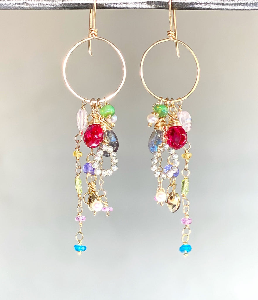 Multi-color Gemstone Dangle Earrings Gold Chain Red Topaz