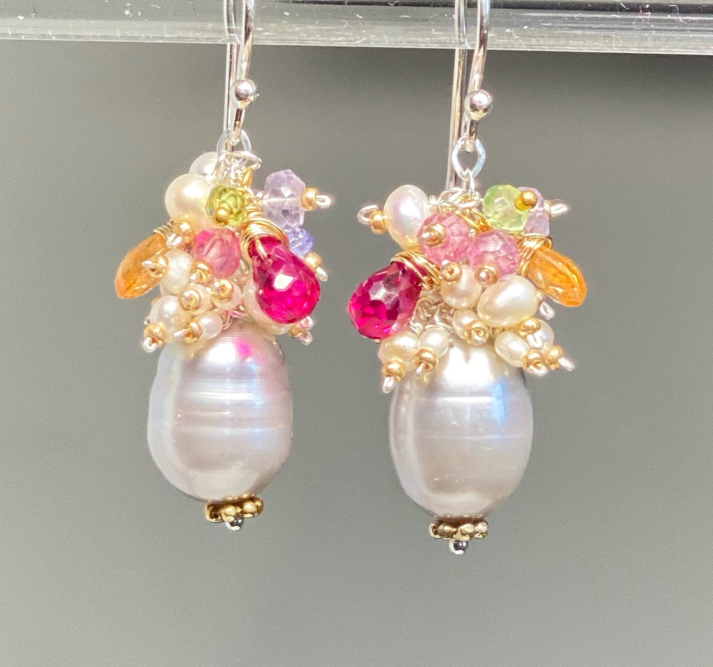 Silver Gray Platinum Baroque Pearl Gemstone Cluster Earrings Mixed Metal