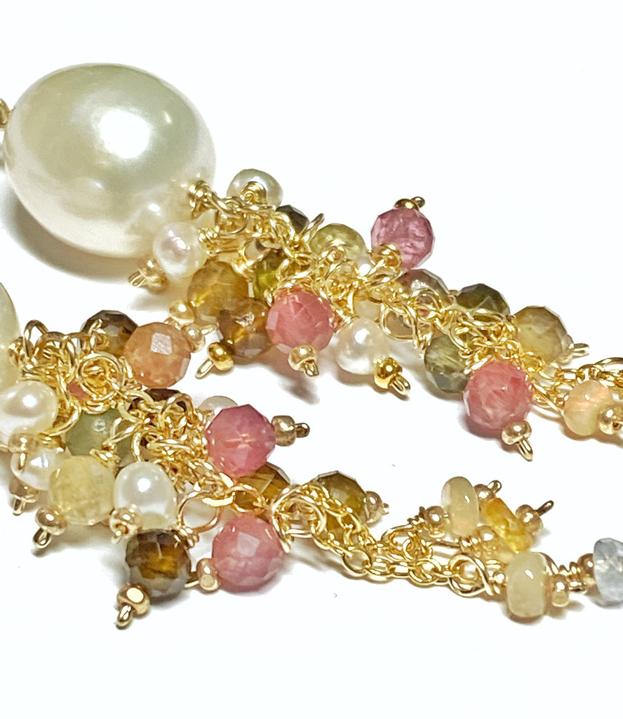 Pearl and Tourmaline Tassel Dangle Earrings